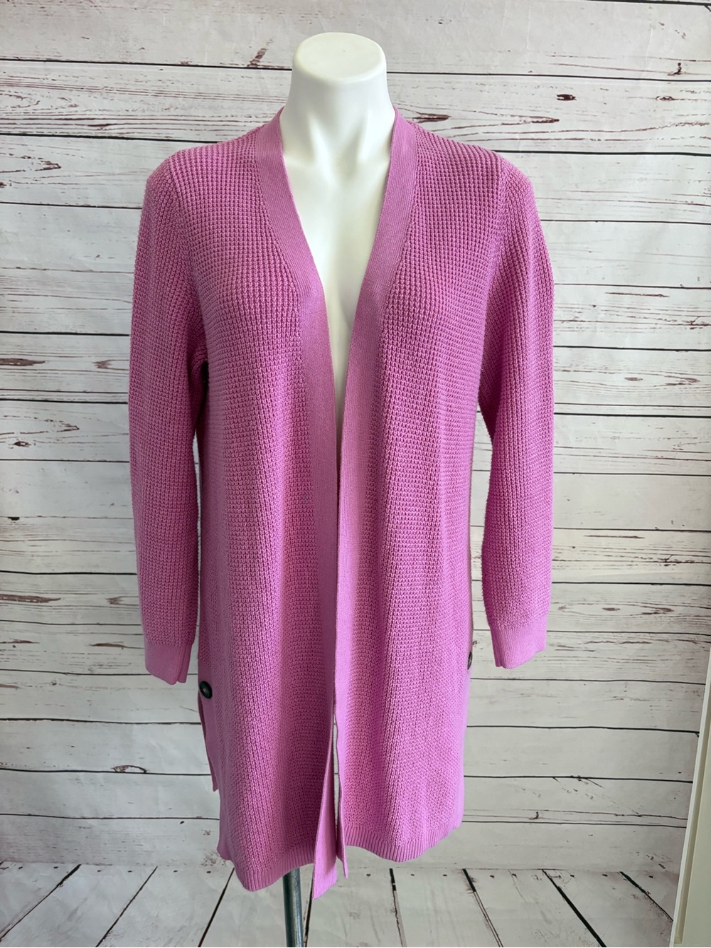 J Jill Woman’s Long Waffle Knit Open Front  Cardigan Sweater Size Medium Pink
